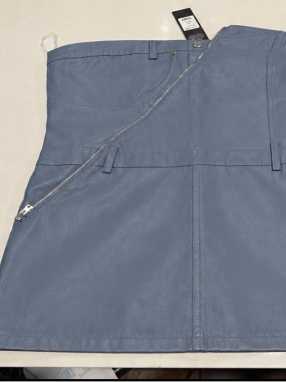 Fashion Nova Dusty Blue Leather Mini Skirt with Diagonal Silver Zip